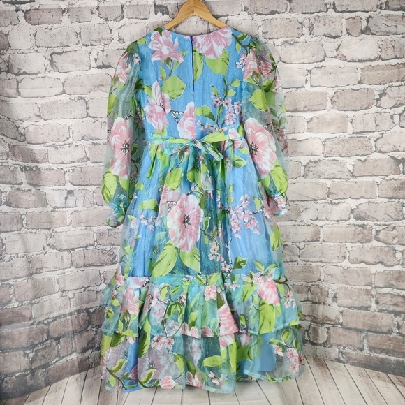 Handmade OOAK Floral Iridescent Ruffle Midi Dress Sheer Sleeve Coquette XS - Picture 8 of 16